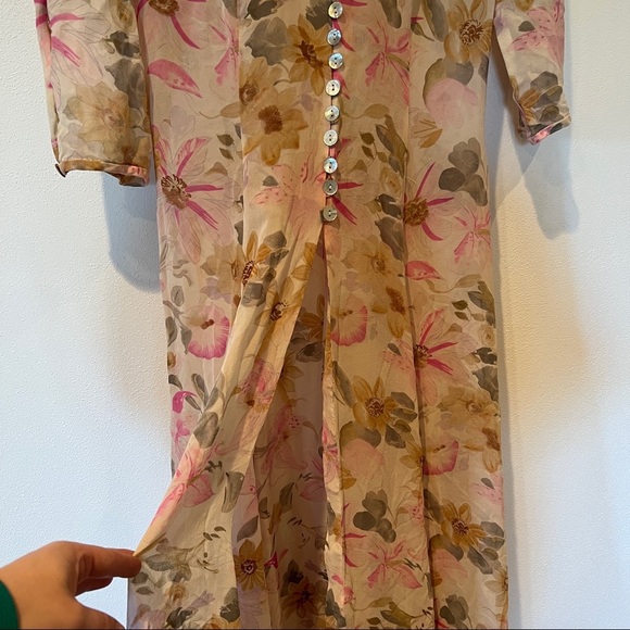 90s Vintage Miller Shor Silk Sheer Floral Maxi Half Sleeve Overlay Dress - Picture 2 of 11